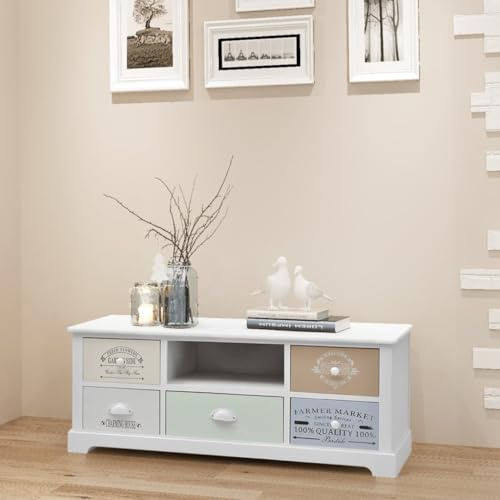 Fangmaliuyun TV-Schrank Französischer Landhausstil in Weiß 100x35x40 cm Paulowniaholz mit 5 Schubladen, Sideboard Wohnzimmer Lowboard Fernsehtisch für Living Room Bedroom Flur