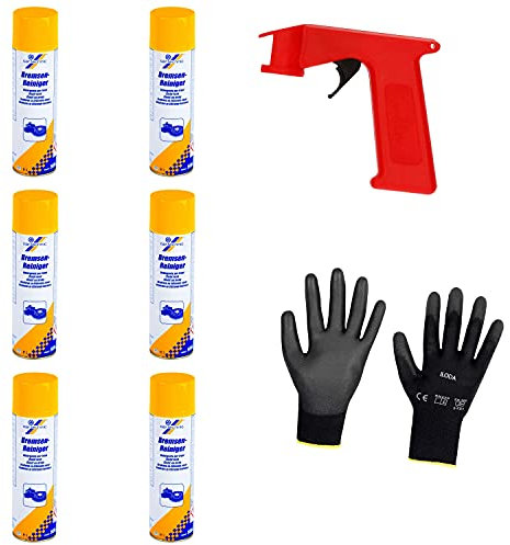 Iloda® Schutzhandschuhe + Sprüh-Pistolengriff (rot oder schwarz) + 6X 500ml cartechnic Bremsenreiniger Spray, Entfetter, Ölentferner, Fettentferner