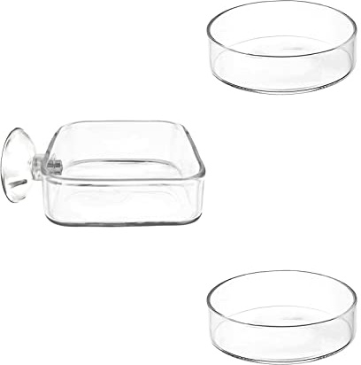 IAFVKAI Aquarium Garnelen-Futterschale Glas-Futterschalen für Aquarien, 1 x quadratischer Glas-Futternapf (60mm) mit Saugnapf, 2 x runder Fisch-Futternapf (60mm)