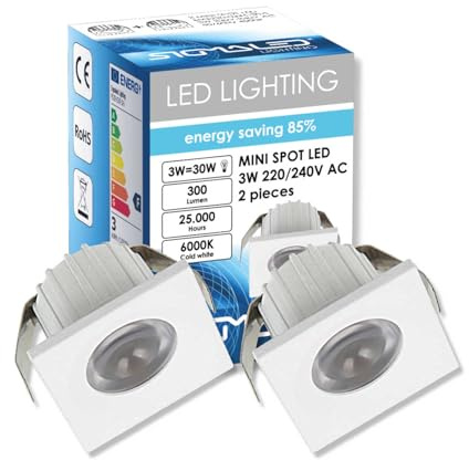 Sigmaled Lighting, 2x Mini Spot LED Encastrable 3W Dimmable, 6000K Blanc Froid, Carré Aluminium, Ø35x25mm Trou 30mm Faisceau 30°, Éclairage Plafond Meuble Escalier, 220-240V Direct, 1 boite de 2 pcs