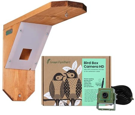 Green Feathers Handmade Bird Feeding Station with 1080p HD Birdbox Camera & Eco-Friendly Wooden Mount, Starter Pack, UK Power Supply