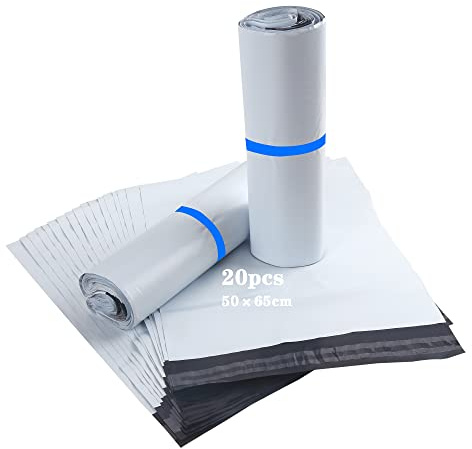 HVDHYY Pack of 20 Plastic Mailing Bags XL Large 500 mm x 650 mm Foil Mailing Bags Waterproof Self-Adhesive Opaque Shipping Bags White for Textiles, Cushions, Blankets