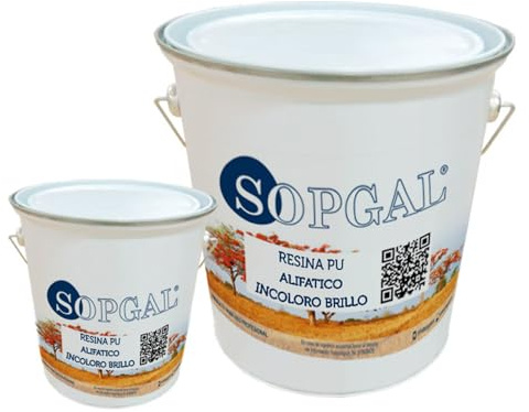 Sopgal Resina PU Alifática Incolora Brillo para Suelos 4+1kg Resistente UV | Protege sin alterar el color ni amarillear. Resiste desgaste, abrasión, químicos, luz solar, intemperie y tránsito intenso.