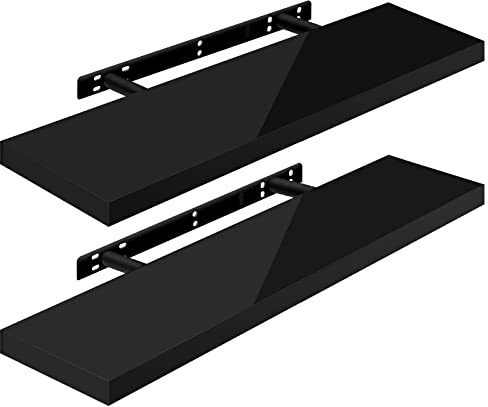 WOLTU Wandregal,Schweberegal Hochglänzend Schwarz,90x22,9x3,8cm 2er | Wandboard 2er mit Metallhalterung, für Küche Badezimmer Wohnzimmer Schlafzimmer, aus MDF, Regale mit der höchsten Träger 10kg
