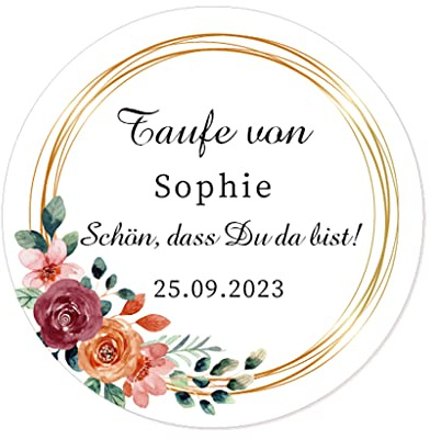 50 PERSONALISIERT 40mm Blume Aufkleber zur Taufe/Geburtstag/Kommunion Sticker Siegel - Schön, dass du da bist! Gastgeschenke Tüten Aufkleber für Hochzeit,Verlobung,Konfirmation - Rd 064 (006)