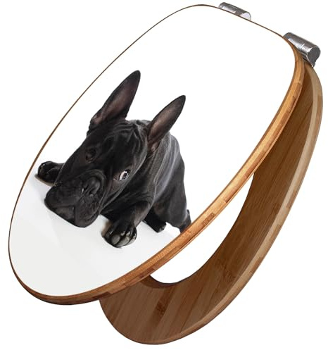 banjado Design WC Sitz Bambus Absenkautomatik 45,8x37,5cm - Toilettendeckel mit Absenkautomatik Holz - hochwertiger Bambus Klodeckel - WC-Sitz für gängigen Toiletten - Motiv Bulldogge