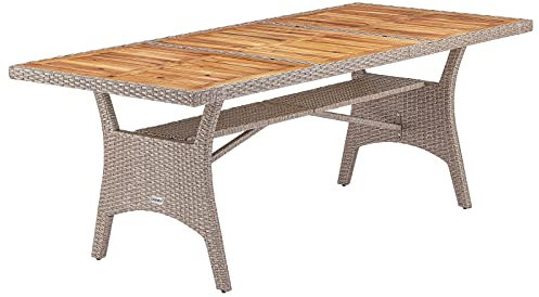 Casaria® Polyrattan Gartentisch mit Ablage FSC®- zertifiziertes Akazienholz 190x90 cm Höhenverstellbar Wetterfest Garten Terrasse Esstisch Tisch Creme
