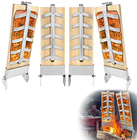 HENGMEI 4er-Set Flammlachsbretter Räucherbrett Flammlachs Brett mit Stabiler Edelstahl-Halterung für Feuerschale & Grill