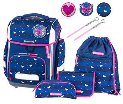 Schneiders 78393-072 - Schulranzen Ergolite Lucky Girl, 9-teiliges Set mit Schultasche, Federmäppchen, Schlamper, Sportbeutel, 3 Klett-Motiven und 2 Leuchtstäben