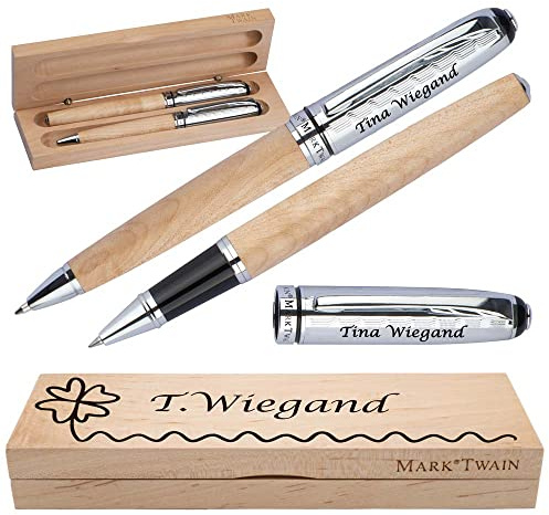 Mark Twain Schreibset aus Holz mit Box | Holzkorpus Drehkugelschreiber und Rollerball aus Metall mit Gravur | Großraummine blau schreibend | Box mit Wunschgravur | (Kleeblatt 1)