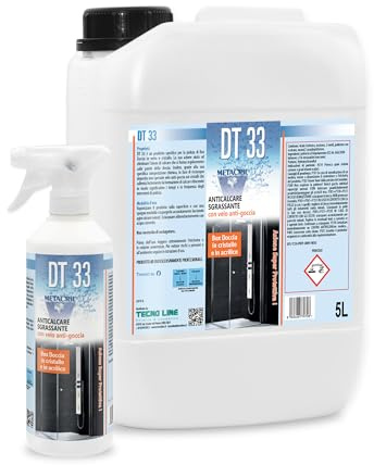 Metacril DT33 + Flacone Vapo, Detergente e Disincrostante Antigoccia - 5 LT | Detergente Disincrostante Antigoccia per Box Doccia di Qualsiasi Marca, Modello e Dimensione con Flacone e Vaporizzatore