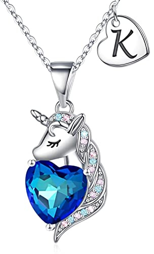 TINGN Herz Einhorn Geschenke Halskette für Mädchen Frauen, 14 Karat Weißgold Vergoldet Herz Einhorn Anhänger Halskette Kette mit Buchstaben K Geburtstag Einhorn Geschenke für Tochter Mädchen Schmuck