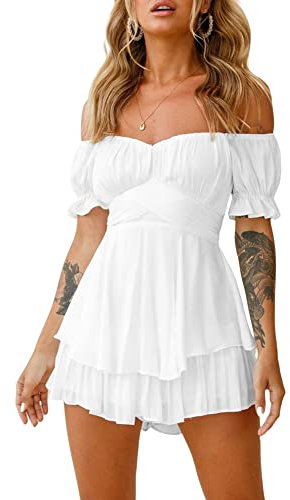 Acrawnni Women Puff Sleeve Dress Off Shoulder Smocked Bodycon Mini Dress Casual Ruched Boat Neck Ruffled A-Line Flowy Short Dress (B-White, M)
