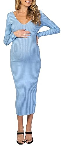 Felcia Womens Maternity Dress Long Sleeve V Neck Bodycon Pregnancy Dress Long Photoshoot Baby Shower Dresses (A-Blue, L)