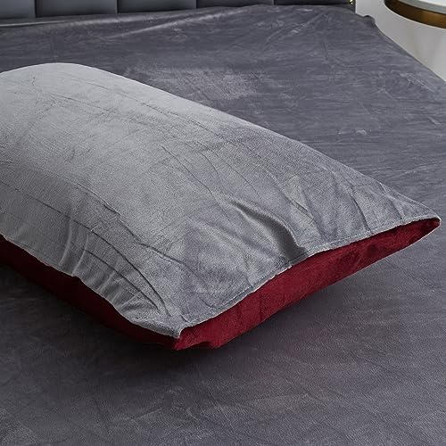 Damier Plüsch Kissenbezug 40x80cm Winter Flauschig Cashmere Touch Kissenhülle Weinrot Grau Flanell Biber Plüschkissen 2er Set Kopfkissenbezug im Umschlagstil