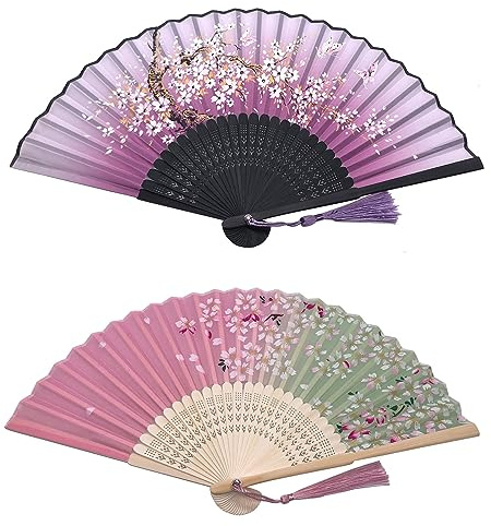Kibon Folding Fans, Handheld Fans, Hand Fans, Bamboo Fans with Tassel for Birthday Gifts Dancing Cosplay Wedding Party Props Decoration (purple + pink)