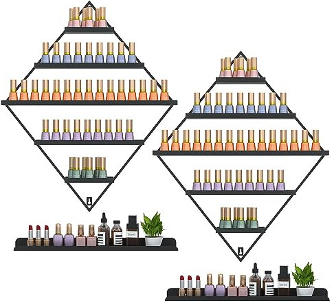 LADOKEE 2 Sets Nagellack Aufbewahrung,Nagellack Organizer Metall Parfum Regal 5 Ebenen Wandmontierter mit Nagellackregal Wandregal，Ätherische Öle Aufbewahrung für Nagelstudio Zubehör (Schwarz)