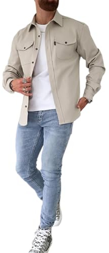 LXURY Herren-Hemdjacke mit Knopfleiste, Baumwoll-Arbeitsmantel, Hemdjacke mit Knopfleiste, schmale Passform, langärmlig für Herren