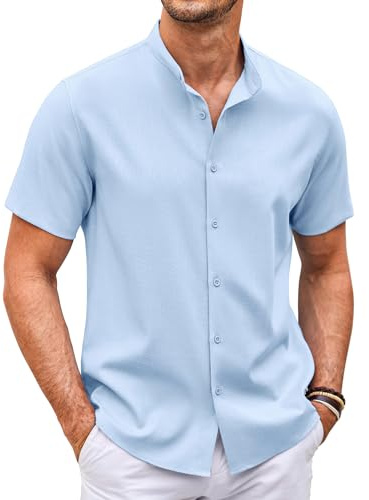 COOFANDY Leinenhemd Herren Stehkragen Hemden Sommer Kurzarm Herrenhemd Slim Fit Freizeithemd Männer Kurzes Hemd ohne Kragen Mandarinkragen Hellblau L