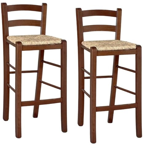 OKAFFAREFATTO MADDALONI Lot de 2 tabourets de bar en bois assise en paille noyer foncé h 67 cm