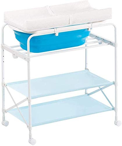 MMRTDJDR Klappbarer tragbarer Wickeltisch mit eingebauter Badewanne und Stauraum, ideal für kleine Mädchen und Jungen, inklusive Massageeinheiten (blau)
