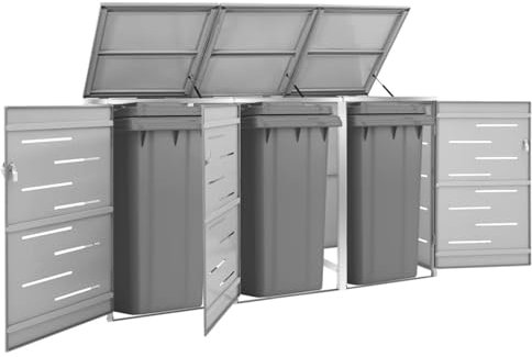 Festnight Mülltonnenbox 3er 240l Mülltonnenbox 3 Tonnen Müllcontainer Mülltonnenschrank Edelstahl Abschließbar 207 x 77,5 x 115 cm Grau