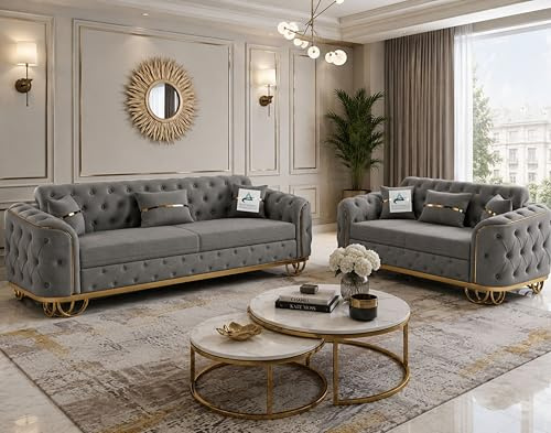 Dark Grey Plush Velvet Sofa, 2 Seater+3 Seater, 5 Seater Couch