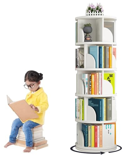 LVRUIEDS Libreria Girevole, Libreria Angolare Piccola Per Piccoli Spazi, Scaffale Per Libreria Da Terra A 4 Livelli, Scaffale Per Libri Stretto In Legno Per Camera Da Letto, Soggiorno(bianca,5 layers