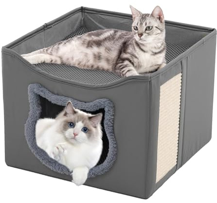 Large Indoor Cat House With Scratching Board, Foldable Cube, Beds With Cushion for Cats, Small Dogs, Puppy, Pets