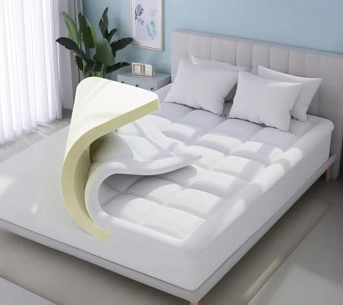 4All 10cm Memory foam Mattress Topper 100% Cotton Cover Extra Deep Dual Layer With Fluffy Washable Top Cover for Back Pain Relief (King 152x200cm)