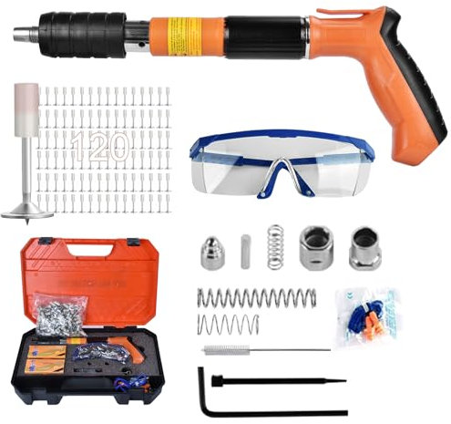 Pistola de Clavos Manual Clavadora Hormigon Pistola tiradores ranura con 120Clavos deAcero Redondos Ajustable 5Velocidades Pistola Clavos Nail Gun con Silenciador clavadora pistola Pared Herramientas
