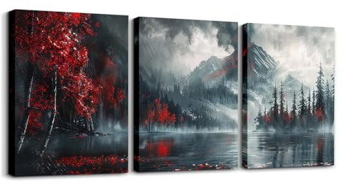 3 pièces fleurs de cerisier rouge toile art mural pour garçons filles style chinois salon chambre décor, peinture à l'encre chinoise affiche impression nature fleurs décor art mural paysage