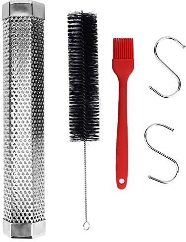 Yuecoom 12-Zoll-Räucherrohr, Barbecue-Netz, Räucherrohrgenerator, Räucherboxen, Edelstahl-Pellet-Räucherrohr, BBQ-Räucherbox, Obstholz-Grillwerkzeuge mit Bürstenhaken
