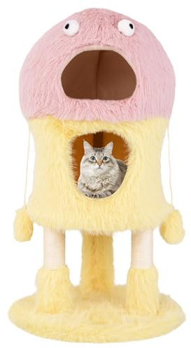 COSTWAY Arbre à Chat Design 93 cm, Tour pour Chat en Forme de Monstre, 3 Étages, 2 Condos, Poteaux à Griffer en Sisal, Petit Arbre à Chat Intérieur, Velours de Renard Douce, Jouets Suspendus