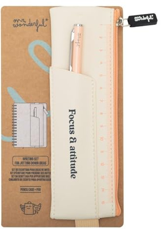 Mr. Wonderful - Ensemble d'écriture beige - Focus & attitude - Petite trousse à crayons en PU - Avec un élastique à l'arrière, multicolore, Set d'écriture