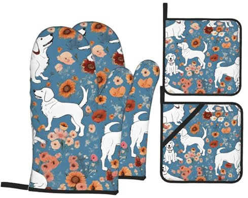 Guanti Da Forno E Presine Da Cucina Set, Sweet Basset Hound Flowers Guanti Da Cucina Professionale Guanti Da Forno Professionale Set Di Guanto Da Forno Per Grill Cottura Natale