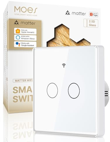 MOES Matter Wlan Smart Lichtschalter 2 Fach,Erfordert Neutralleiter | 2.5D Touch Schalter Unterputz,Speicher nach dem Ausschalten, Kompatibel mit Apple Home/Alexa/Google Home/Smart Things