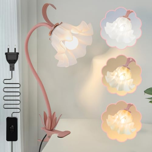 WLHONG Rosa Blumen Klemmlampe LED Leselampe mit Clip | Blumen Clip Lampe mit flexiblem Schwanenhals & 3 Farbtemperaturen. Ideal für Bett, Schreibtisch. Inkl. E27 LED-Leuchtmittel.
