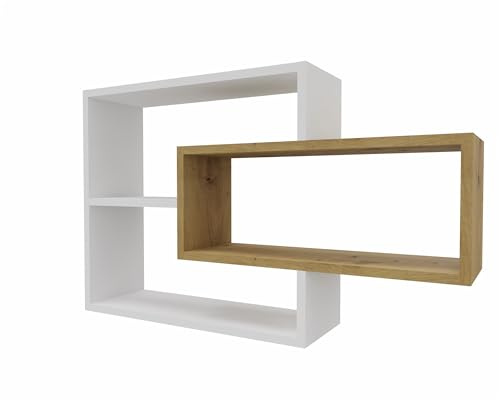 MARAND Wandregal Hängeregal - Bücherregal - Wandmontage - Modernes Design - Stauraum - 3 Ablagefächer - Stabile Konstruktion - Weiß Matt/Artisan Eiche