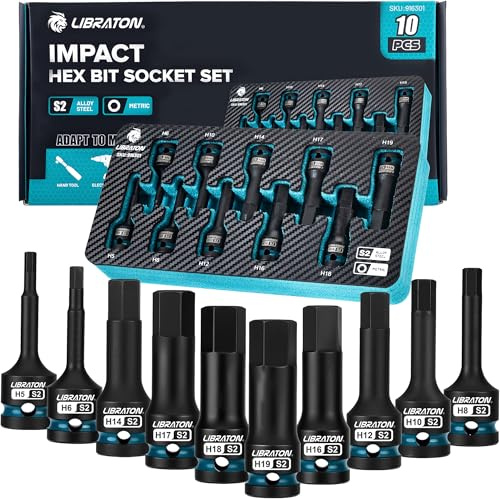 LIBRATON Juego de brocas hexagonales de impacto, 1/2 Dr, acero S2, 10PCS | alta torsión (métrica H5-H19) para mecánicos profesionales y reparación automotriz (estuche de almacenamiento XPE)