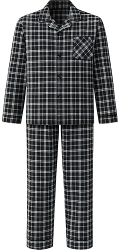Mens Checked Pyjama Set Traditional Woven Sleeping Nightwear Top & Bottom Pyjamas Check Trousers & Shirt Set Pjs, Black, XL