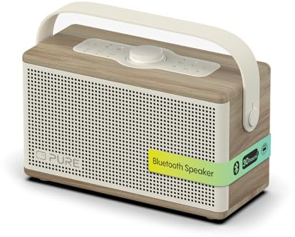 Pure Classic Aura Bluetooth-Lautsprecher 40 Watt, 30h Akku, Licht, USB-C, AUX, IPX2, 2-Wege-Stereo, EQ-Modi, Bluetooth 5.3 – Baumwollweiß mit Eiche, Holzoptik