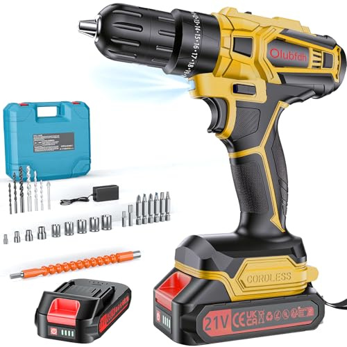 Olubfdh Perceuse Visseuse Sans Fil 21V Avec Batterie 1×2000mAh, 45Nm de couple max 25+3 positions de couple(2 vitesses & LED), avec chargeur maison et le jardin projet DIY (Jaune)