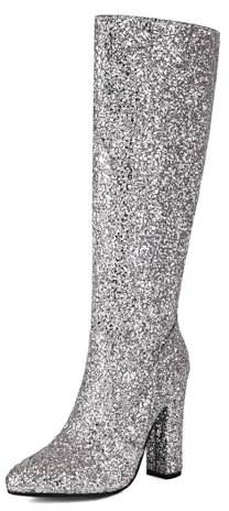 Générique Bottes Mi-Mollet Femme en Tissu Pailleté Bout Pointu Talons Épais Bloc Couleur Vibrante Silhouette Élancée Doublure Souple Semelle Robuste Antidérapante