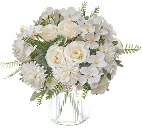 3 Bunches White Artificial Peonies Flowers Fake White Silk Hydrangea Realistic Roses Bouquet Faux Wedding Rose Artificial Bridal Bouquet Party Floral Arrangement Baby Show Table Centerpiece Home Decor