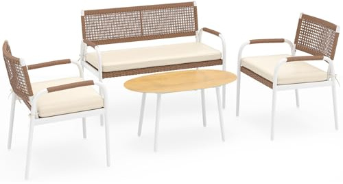 GYMAX Set di Mobili da Esterno,2 Poltrone e Divano a 2 Posti in Rattan, Tavolino Grande con Cuscini Rimovibili, Set da Tavolo e Sedie con Telaio in Metallo e Piedini Antiscivolo per Giardino e Patio