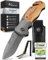 BERGKVIST® K20 Klappmesser (Zweihandmesser) mit Holzgriff & Titanium - Mitführen erlaubt - 3-in-1 Taschenmesser mit Glasbrecher, Gurtschneider & Feuerstahl