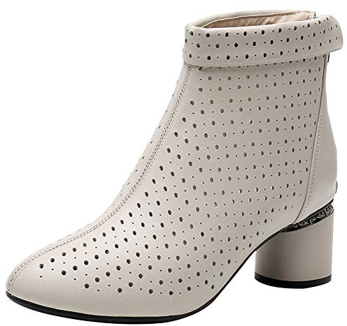 Jamron Femmes Élégant Bloc Talon Bottines Respirant Évidé Été Bottes Chukka Escarpin Beige SN02542 EU38.5