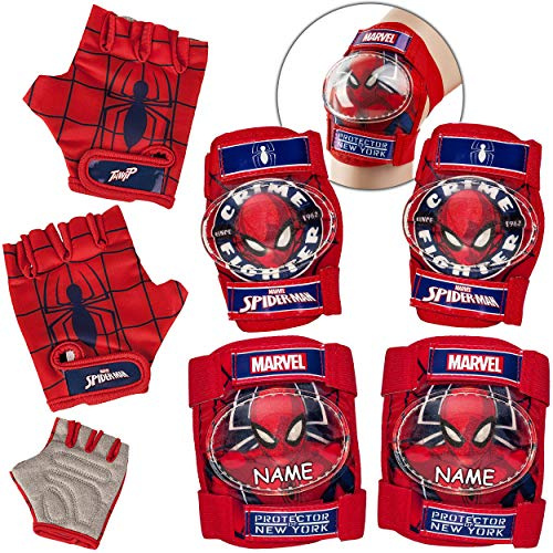 alles-meine.de GmbH 6 TLG. Set - Knieschoner + Ellenbogenschützer + Fahrradhandschuhe - Spider-Man - inkl. Name - für Circa 4 bis 12 Jahre - Kinder - Schutzausrüstung - Gelenksch..