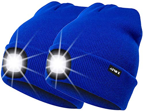 ATNKE 2Pcs Neue Warme LED beleuchtete Mütze,Unisex USB wiederaufladbare Laufmütze Ultra Bright 4 LED wasserdichte Lichtlampe Mehrfarbig